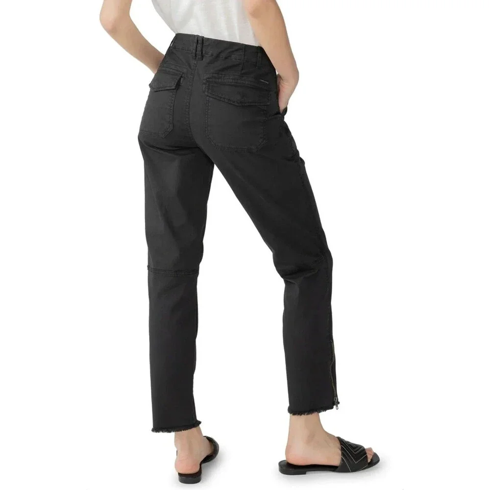 Sanctuary Black Cargo Pants Frayed Hem Zip Utility Stretch Mid Rise Ankle 28 NWT
